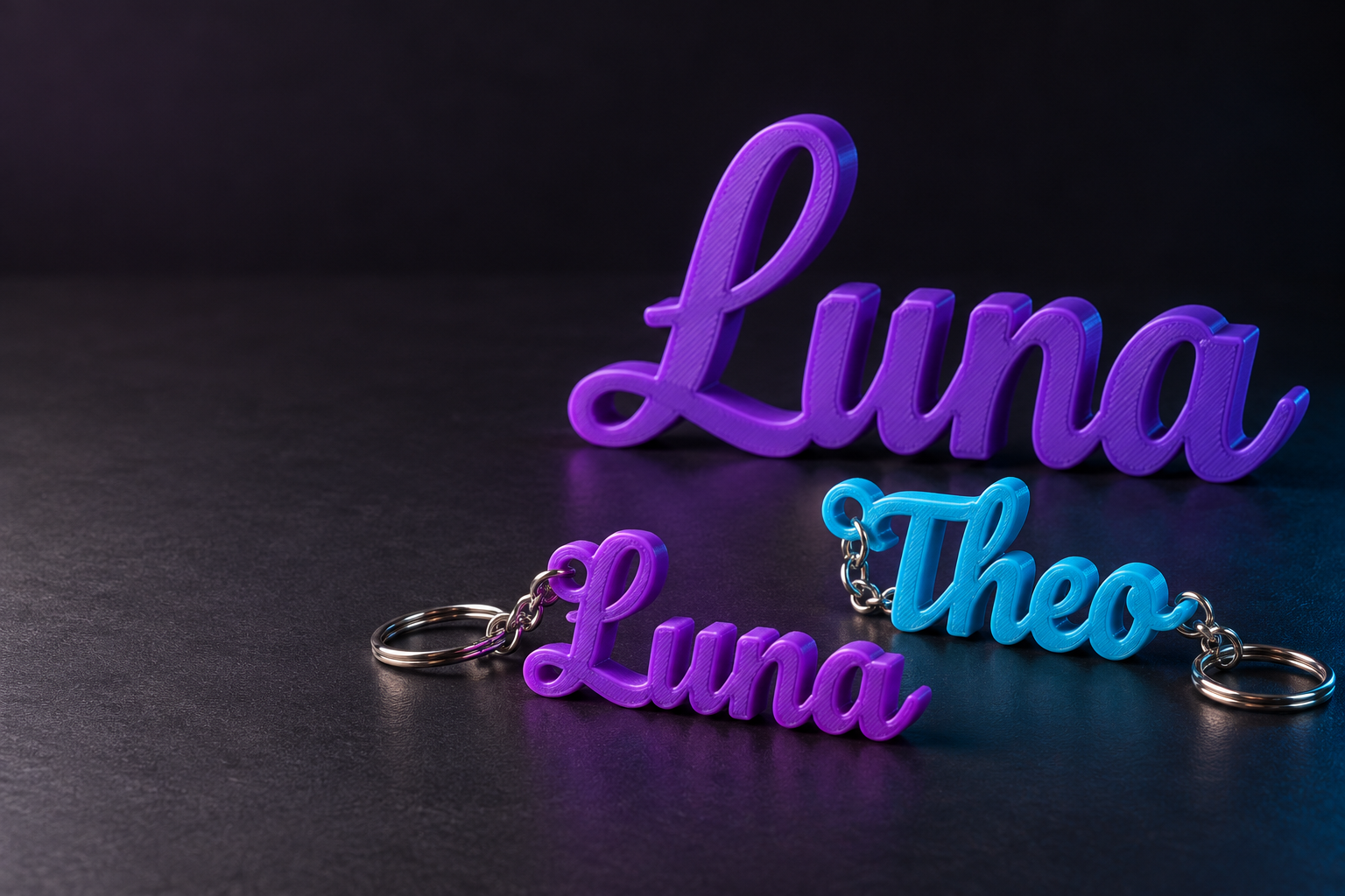 Ilustração de peças personalizadas Luna e Theo, em violeta e ciano